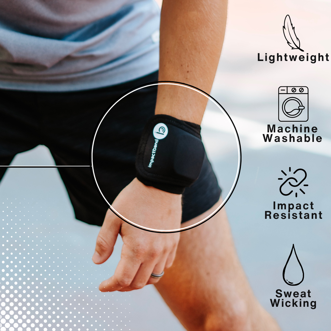 Impact Band on an athlete's wrist: lightweight, machine washable, impact resistant, sweat-wicking