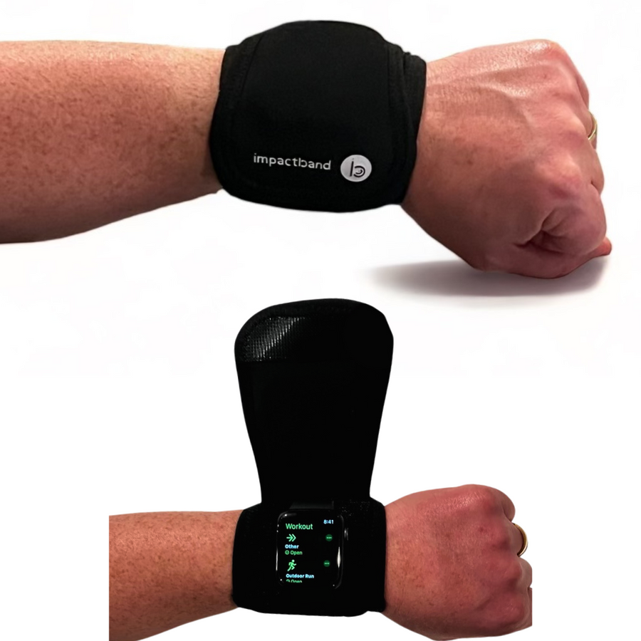 The QB padded smartwatch protector worn on a wrist, flap closed and flap open
